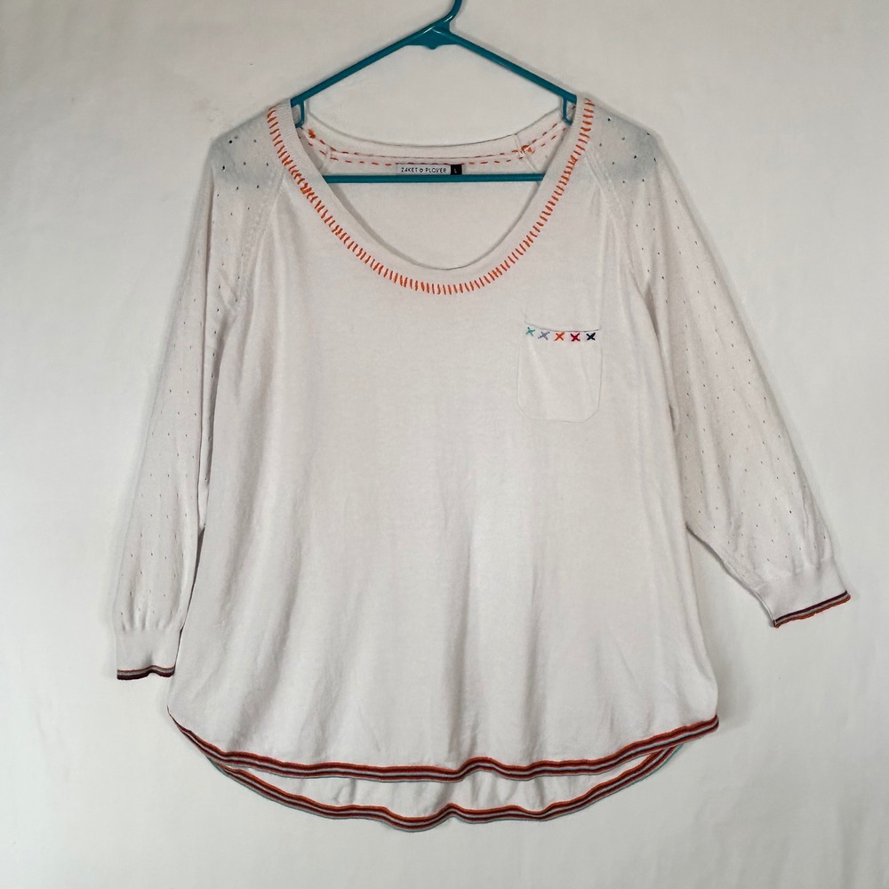 Zaket & Plover White Rainbow Embroidered Pointelle Knit Sweater Top Large